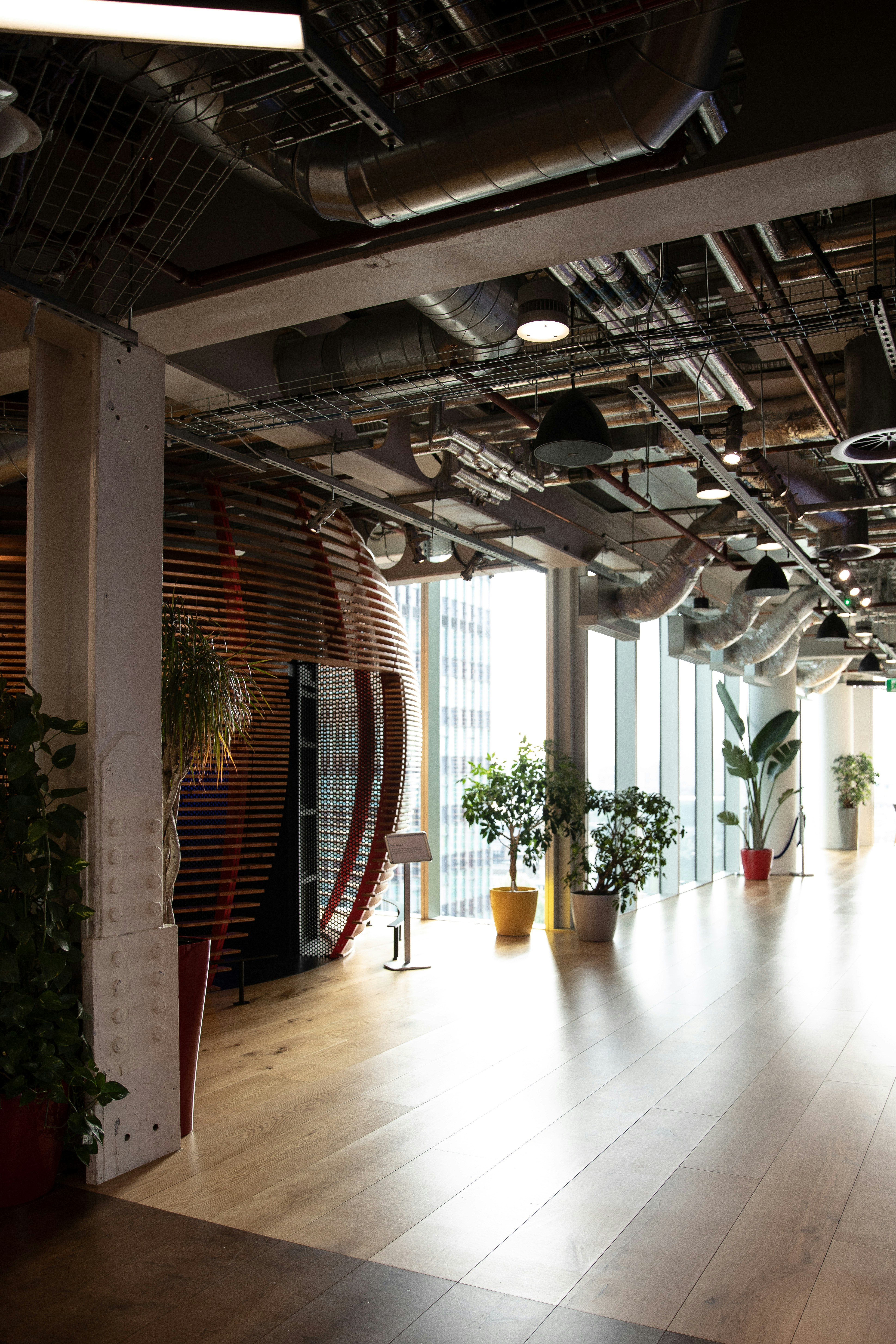 Modern office space with exposed ceiling, wooden floors, and large windows. The space features various potted plants and a unique curved wall structure, showcasing a clean and well-maintained environment.