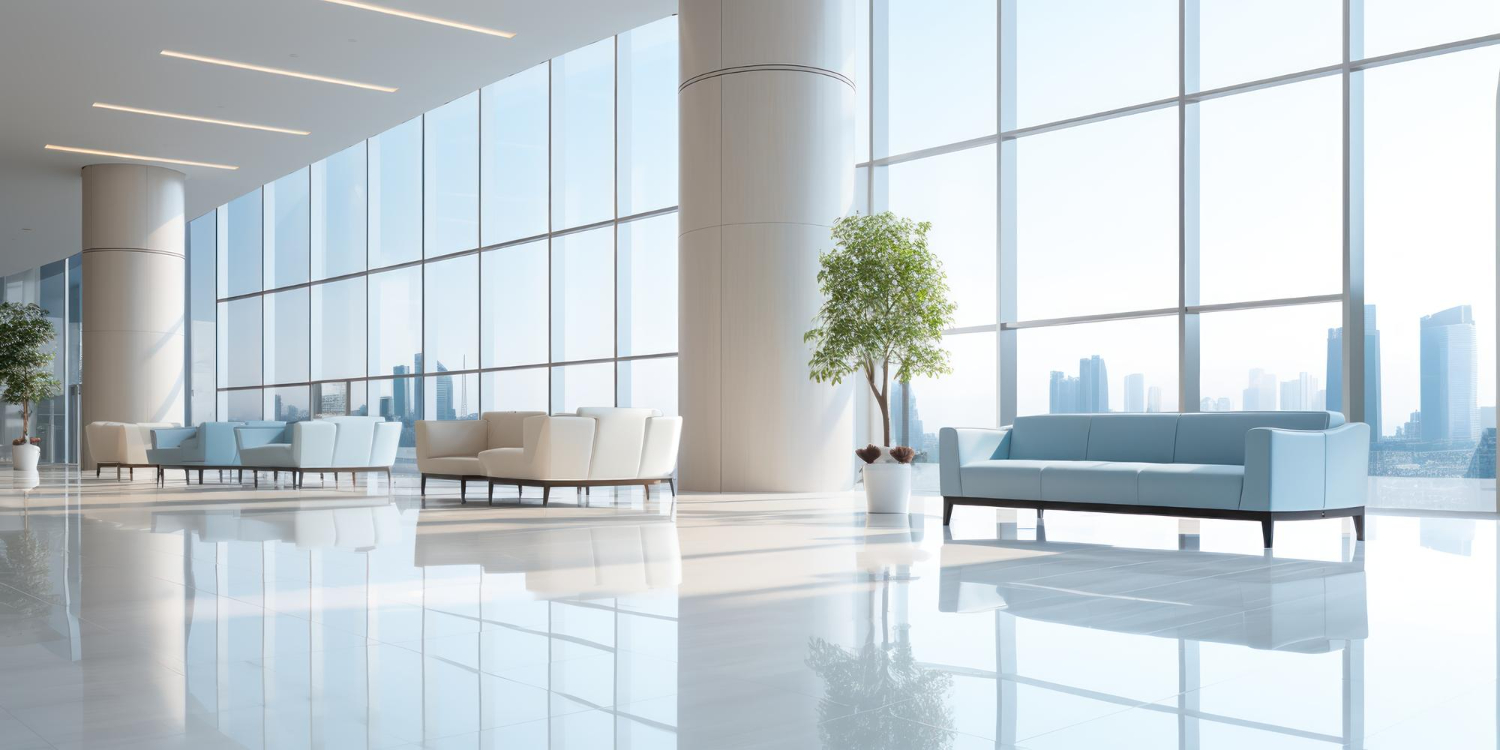 Modern office interior with large windows, reflective floors, and city skyline view